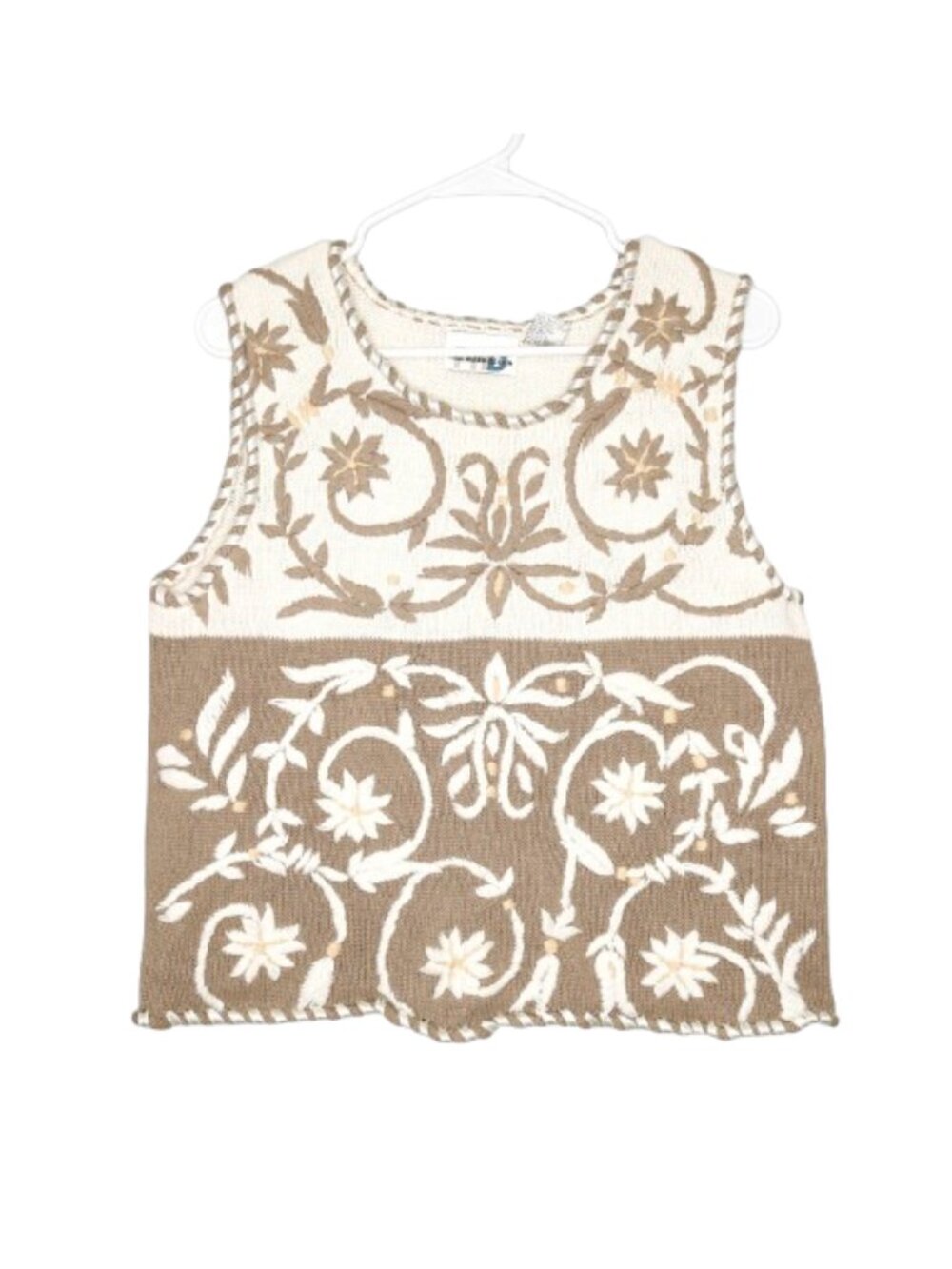 Vintage Paul Harris Design Ivory & Brown Embroidered Cropped Sweater Vest - L